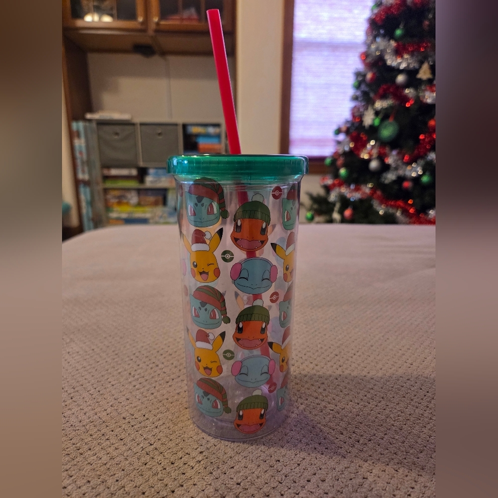 Pokemon 20oz tumbler Christmas theme green lid red straw